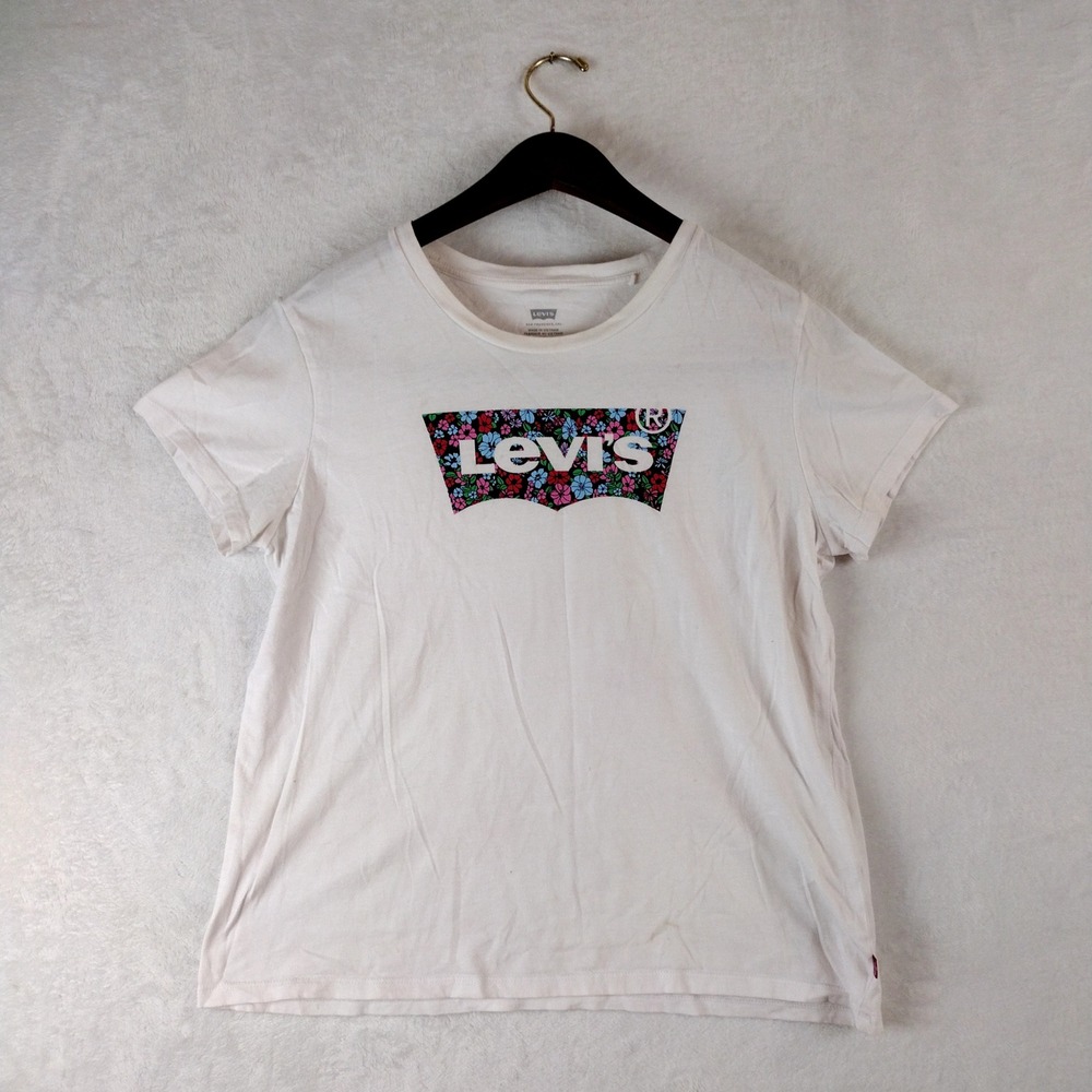 Levis Womens White Floral Batwing Logo Graphic T-Shirt Large L Cotton Short Slv
